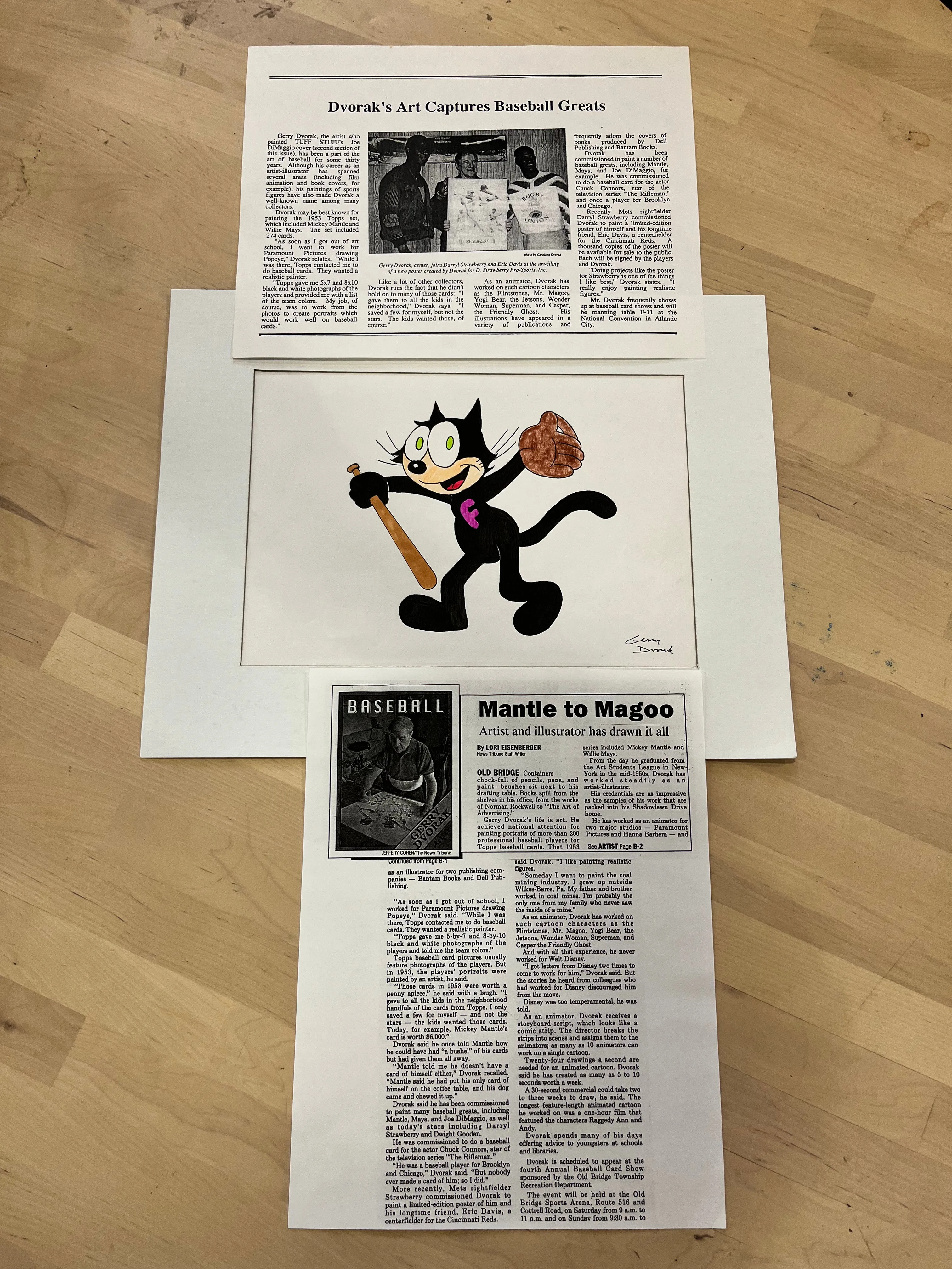 HOLLYWOOD PICTURES™: Gerry Dvorak Felix The Cat Hand with Mickey Mantles Baseball Glove Hand Drawing