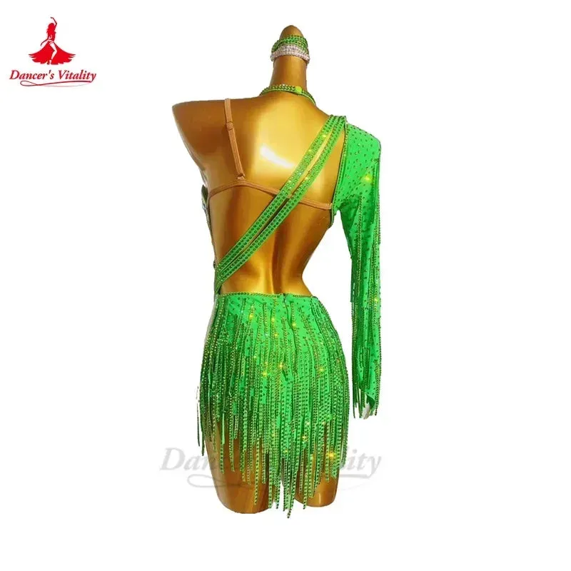 Latin Dance Dress Women Customsized High-end Single Sleeves Spandex Rumba Chacha Tango Skirt Costume Girl's Latin Fringe Dress