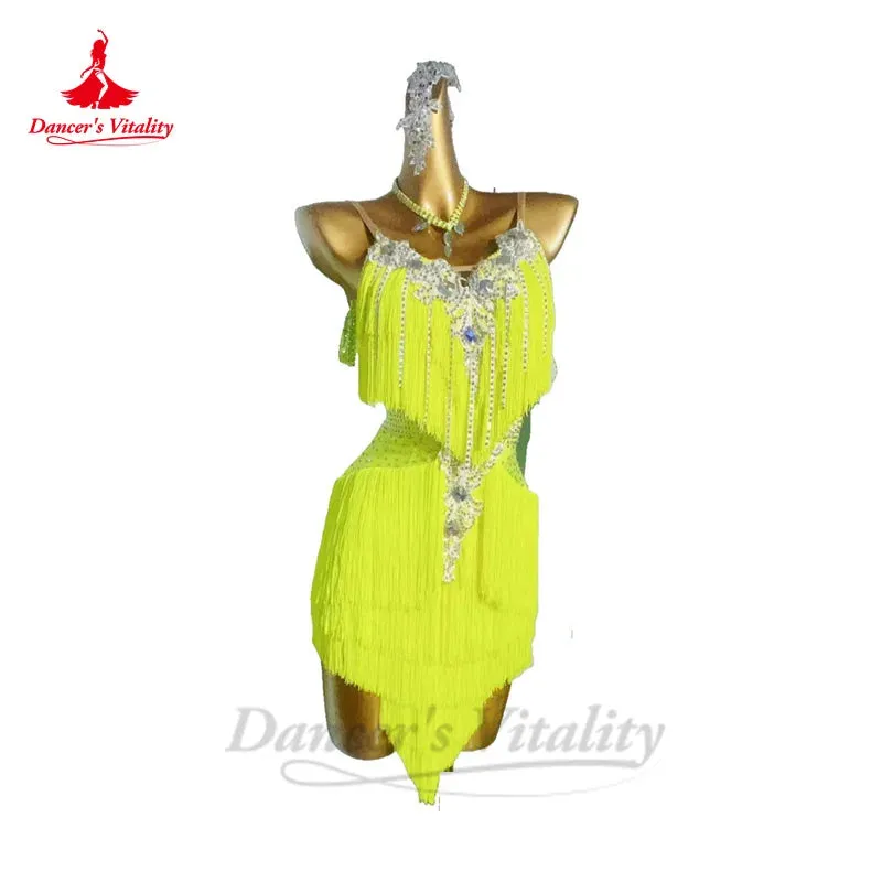 Latin Dance Fringe Dress for Women Customsized Rumba Chacha Tango Practice Clothes Adult Children Latin Dancing Wear Outfit