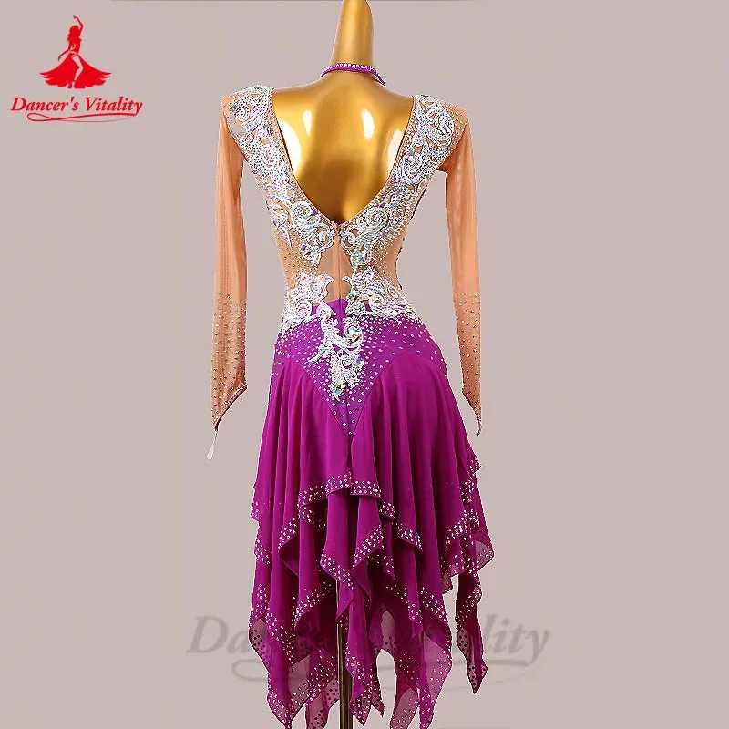 Latin Dance Fringe Dress for Women Seinor AB Stones Rumba Chacha Tango Tassel Skirt Costume Customsize Adult Child Latin Dresses