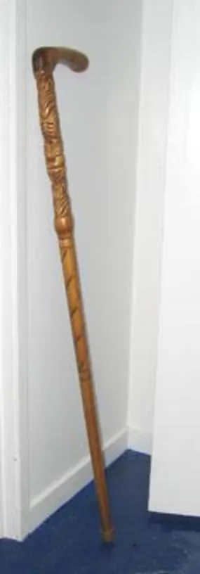 Maori Walking Stick with Curved Handle and Tiki Carving