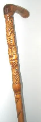 Maori Walking Stick with Curved Handle and Tiki Carving