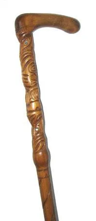 Maori Walking Stick with Curved Handle and Tiki Carving