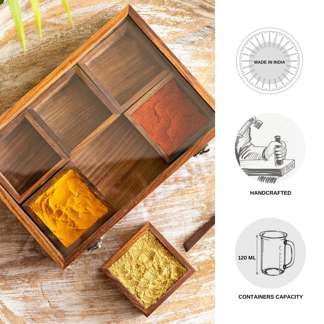 'Masala Blends' Handcrafted Spice Box With Spoon In Sheesham Wood (6 Large Containers, 120 ml)