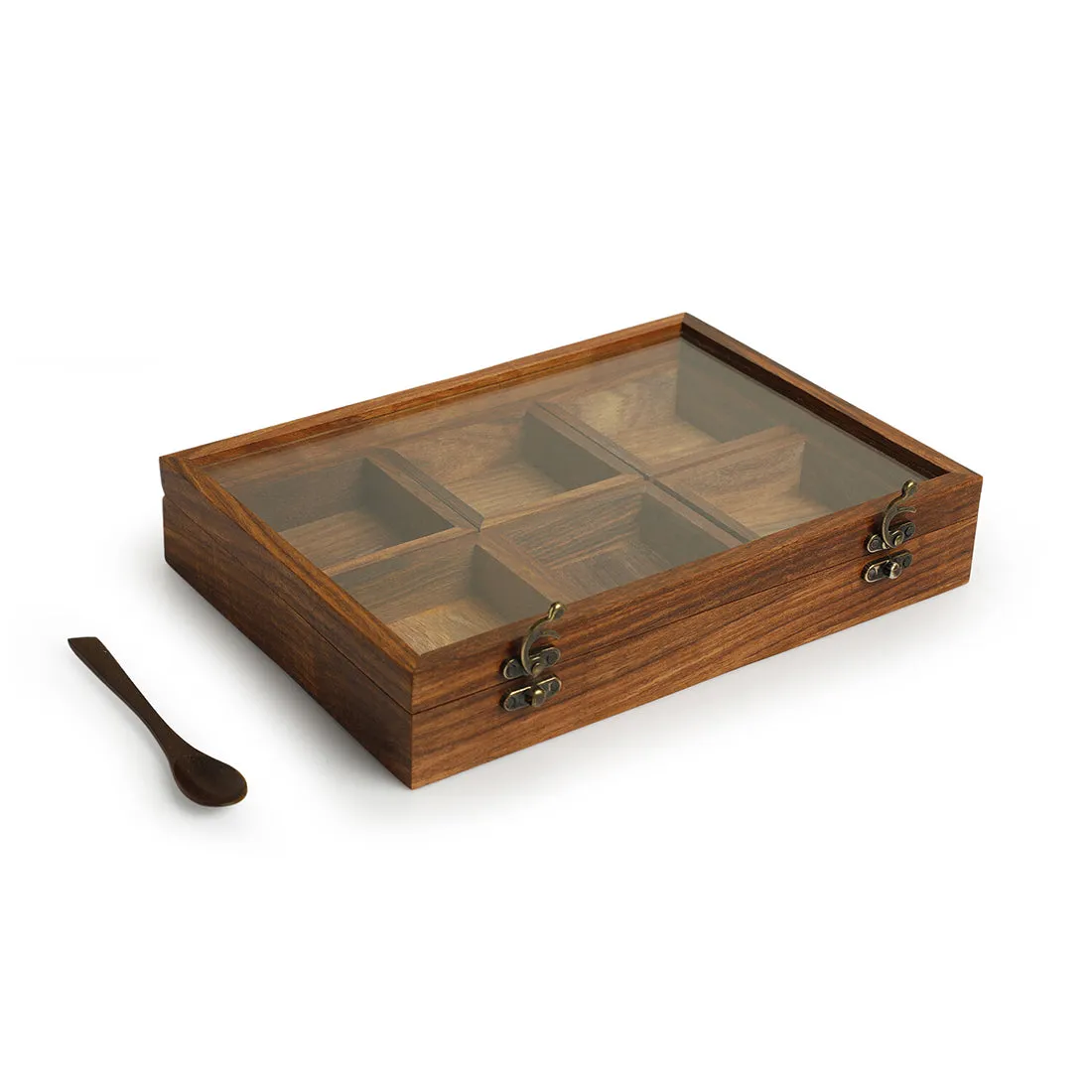 'Masala Blends' Handcrafted Spice Box With Spoon In Sheesham Wood (6 Large Containers, 120 ml)