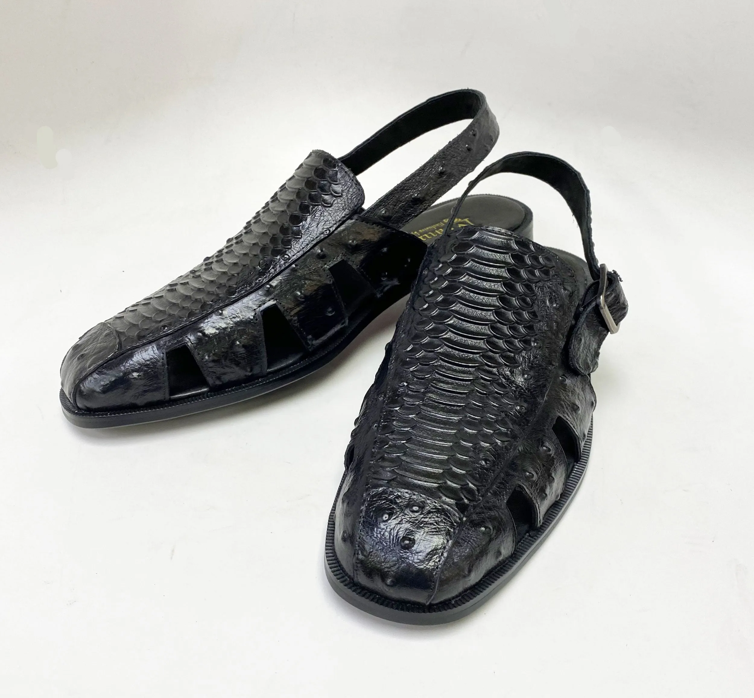 Maurice Embossed Calfskin Slip-On Back-Strap Sandal Black