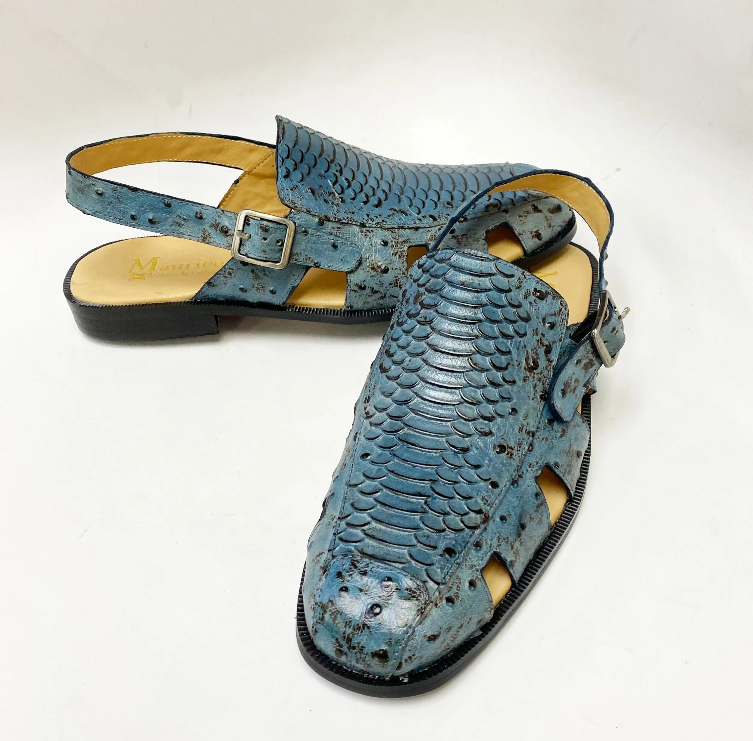 Maurice Embossed Calfskin Slip-On Back-Strap Sandal Blue