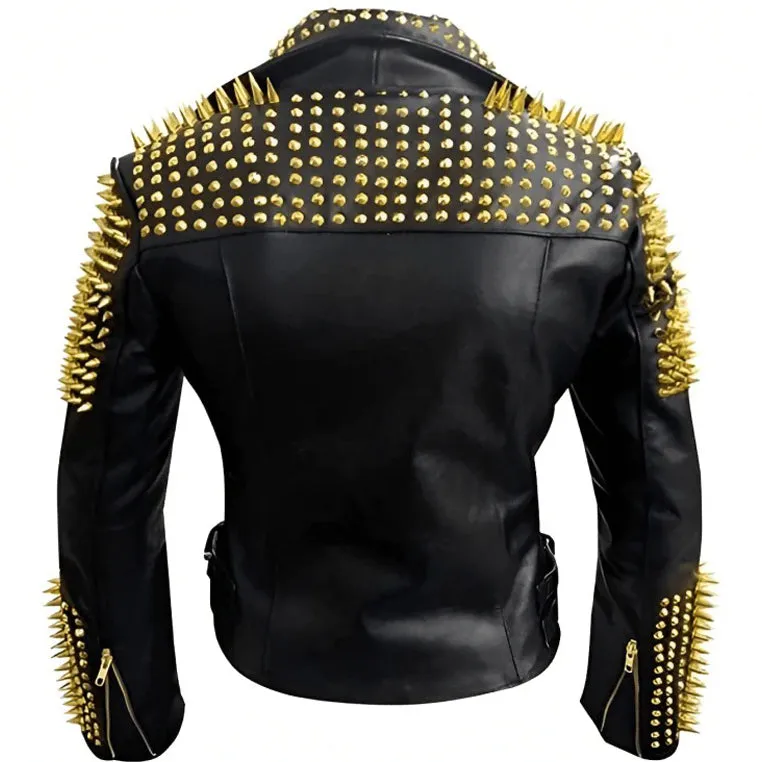 Men's Black Leather Biker Jacket with Gold Studs