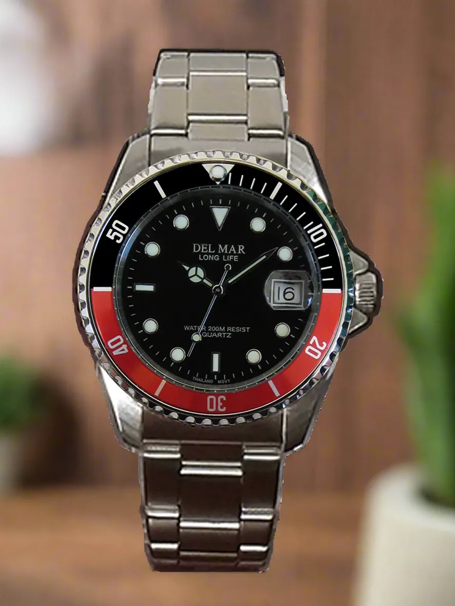 Men's Classic Coronado Black Face, Black & Red Bezel Watch #50125