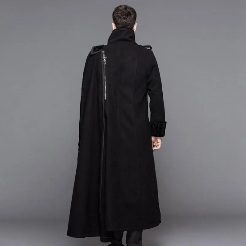 Men's Punk Asymmetric Army Long Jacket,Woolen Winter Overcoat,Men's Goth Cloak