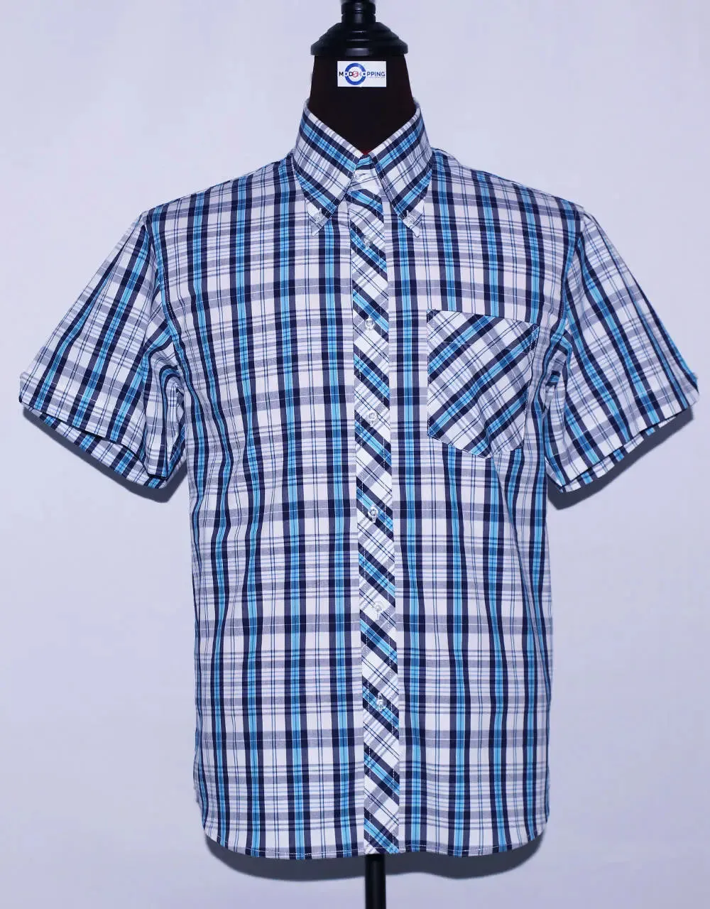 Men's Short Sleeve Blue And White Plaid Shirt Size M