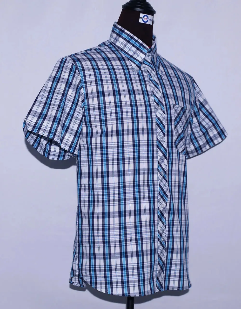 Men's Short Sleeve Blue And White Plaid Shirt Size M