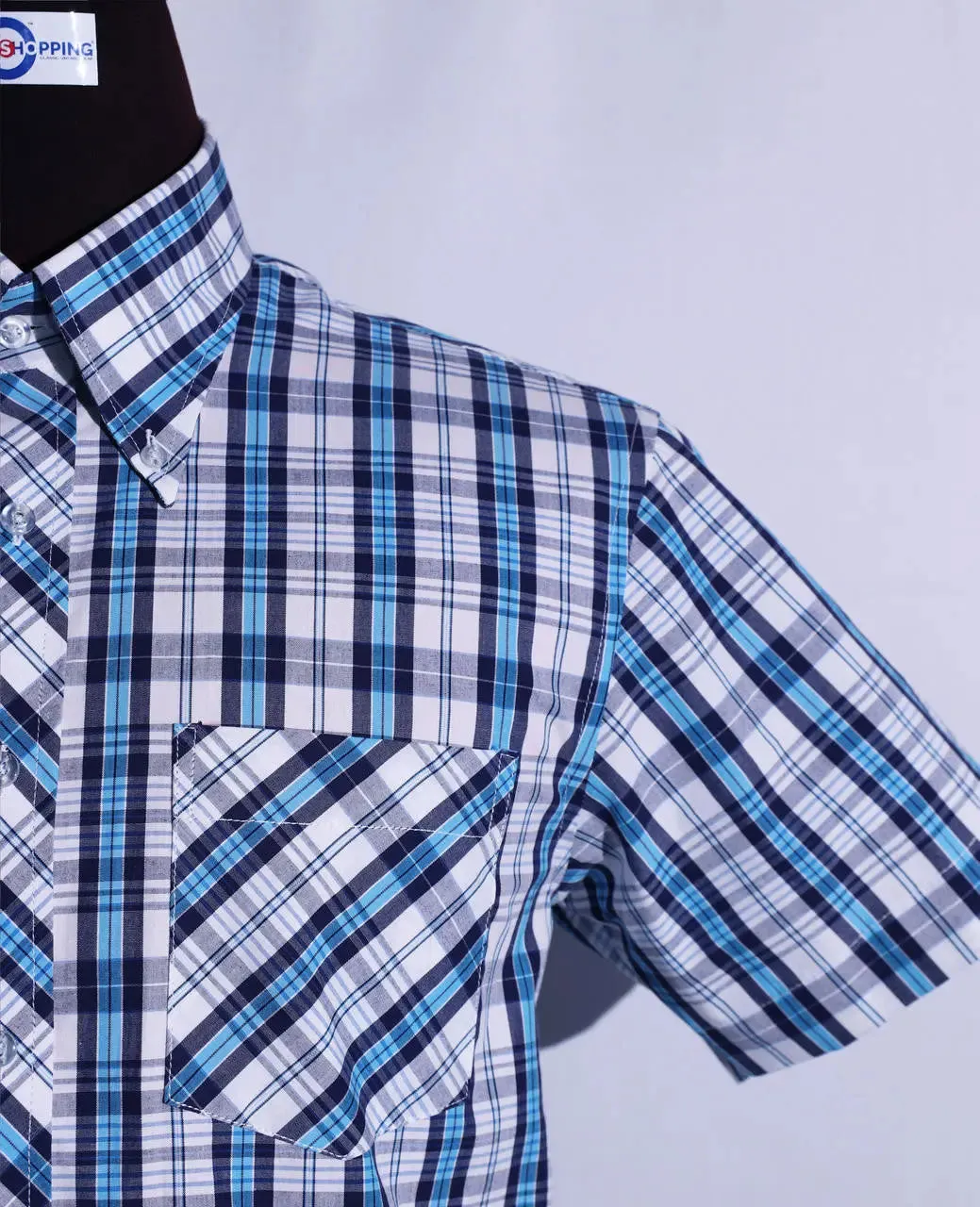 Men's Short Sleeve Blue And White Plaid Shirt Size M