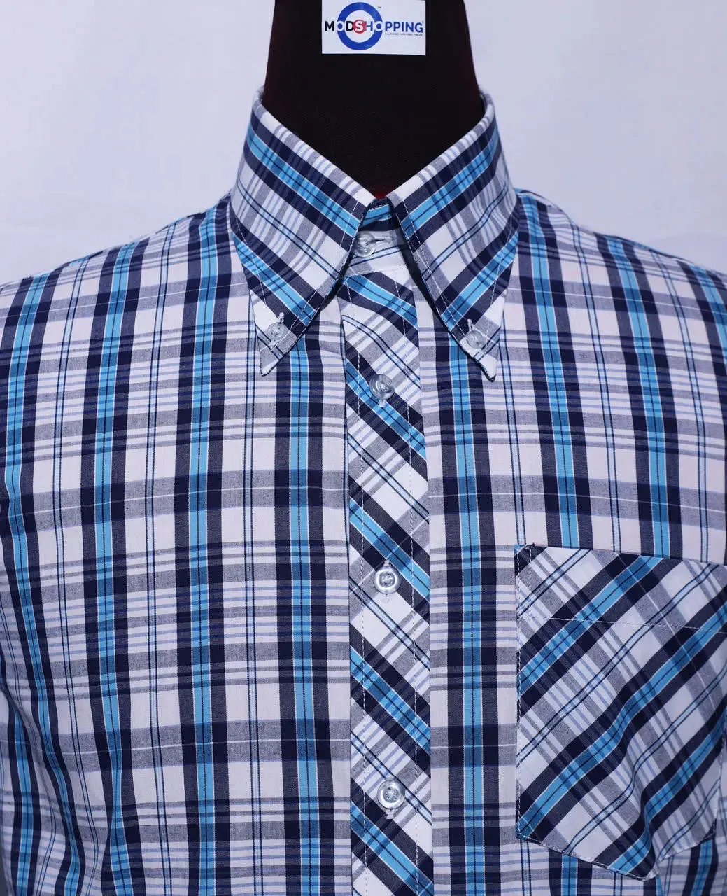 Men's Short Sleeve Blue And White Plaid Shirt Size M