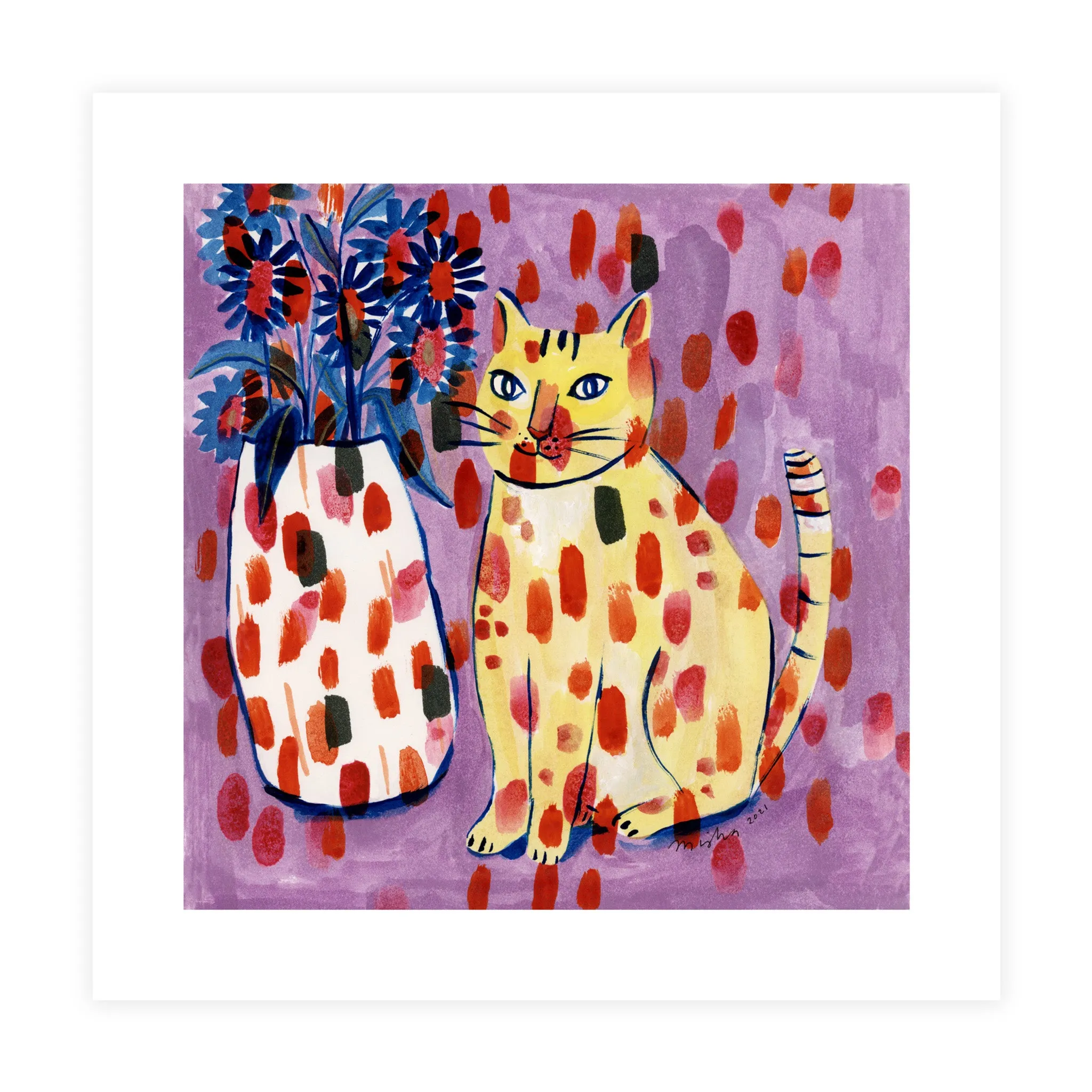 Mischievous Cat with Daisies / Art Print