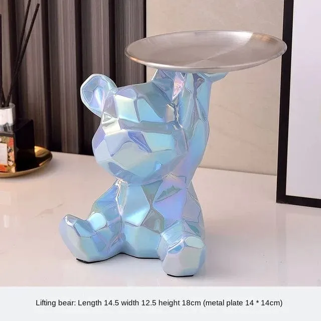 Modern Chic: Geometric Bear Statue with Tray Storage - Ceramic Plating Sculpture