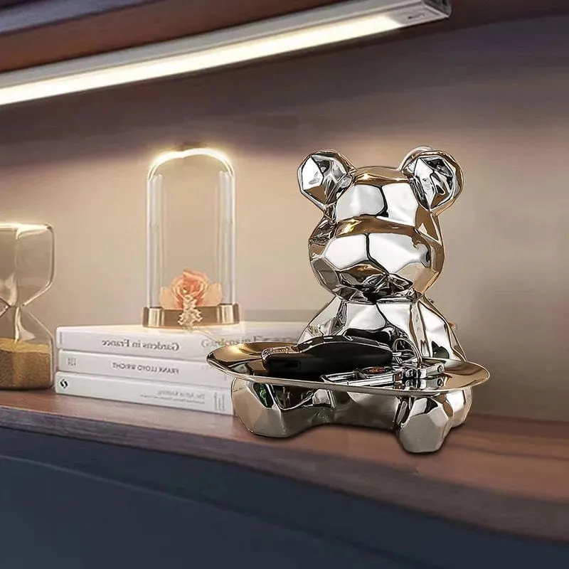 Modern Chic: Geometric Bear Statue with Tray Storage - Ceramic Plating Sculpture