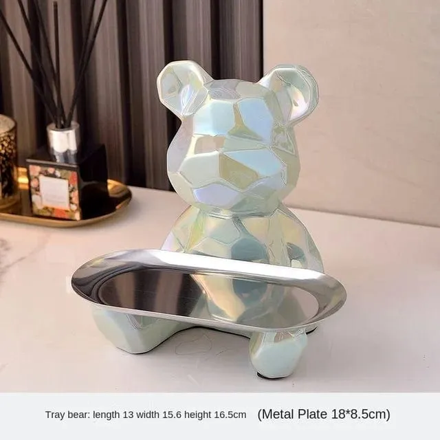 Modern Chic: Geometric Bear Statue with Tray Storage - Ceramic Plating Sculpture