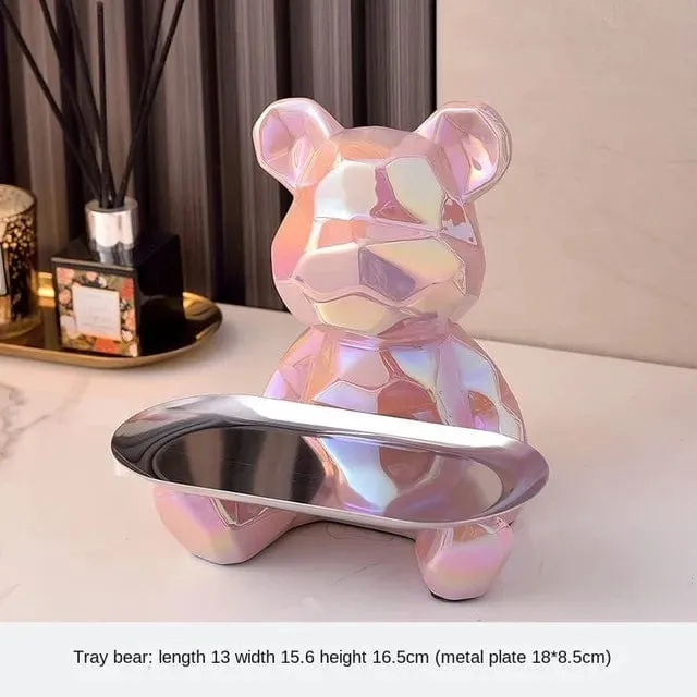 Modern Chic: Geometric Bear Statue with Tray Storage - Ceramic Plating Sculpture