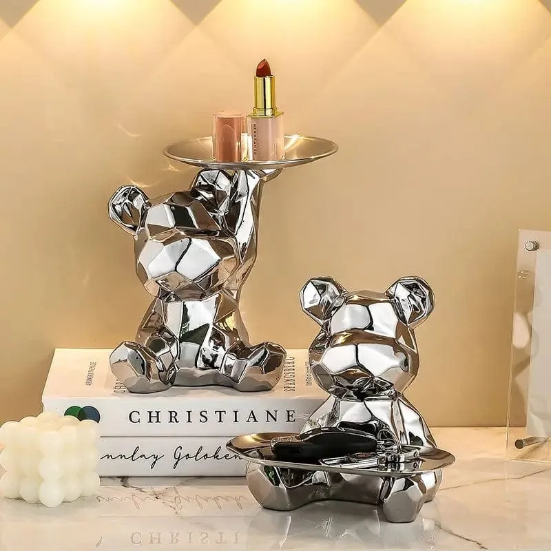 Modern Chic: Geometric Bear Statue with Tray Storage - Ceramic Plating Sculpture