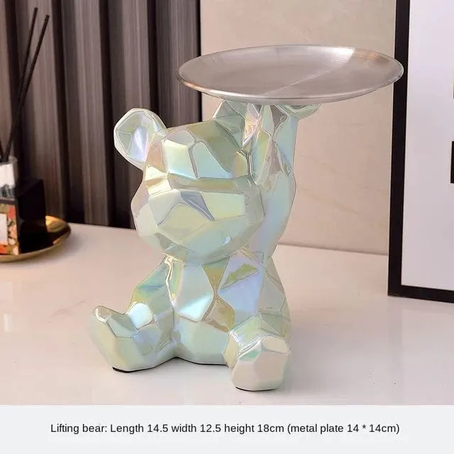 Modern Chic: Geometric Bear Statue with Tray Storage - Ceramic Plating Sculpture