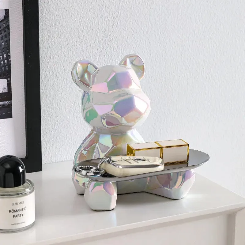 Modern Chic: Geometric Bear Statue with Tray Storage - Ceramic Plating Sculpture