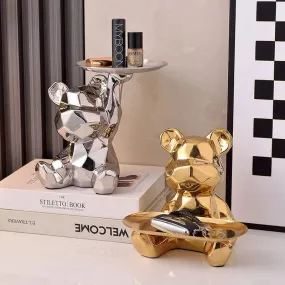 Modern Chic: Geometric Bear Statue with Tray Storage - Ceramic Plating Sculpture