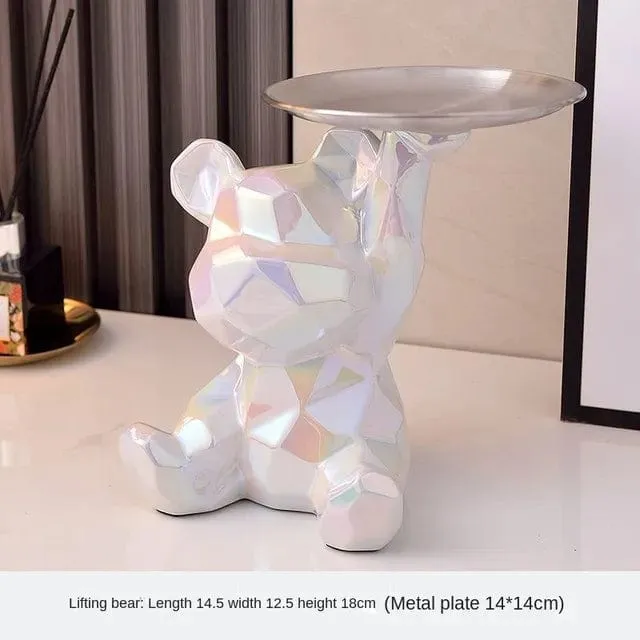 Modern Chic: Geometric Bear Statue with Tray Storage - Ceramic Plating Sculpture