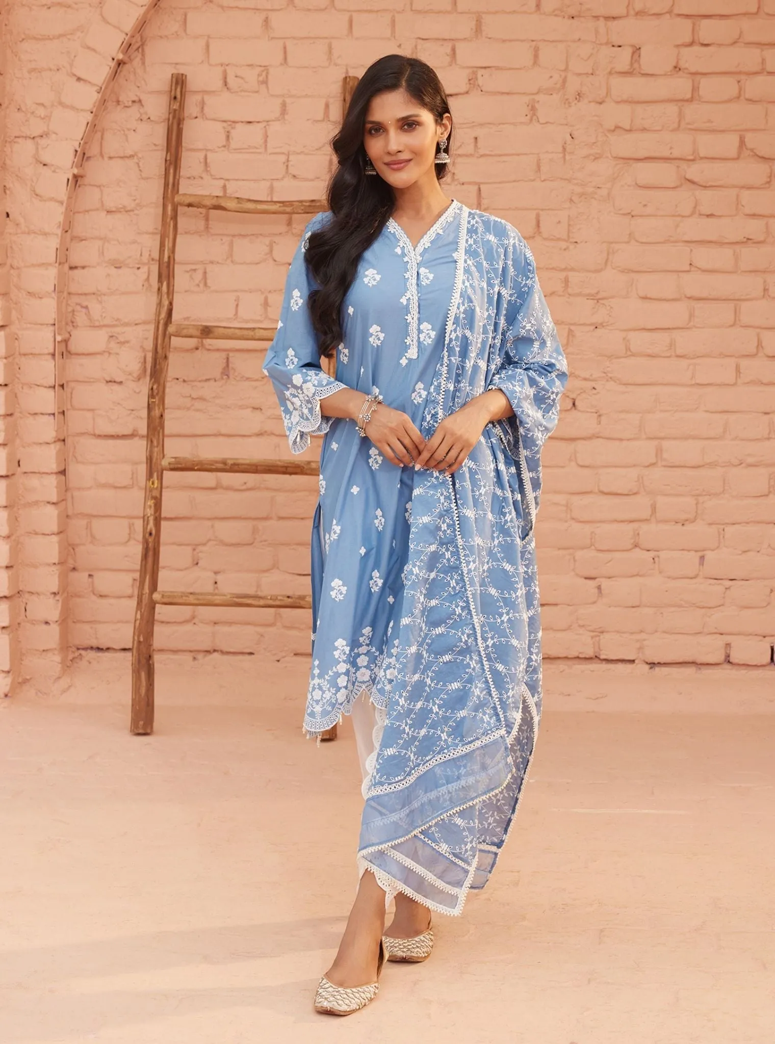 Mulmul Cotton Ghita Denim Kurta With Mulmul Cotton Border White Dhoti Pant