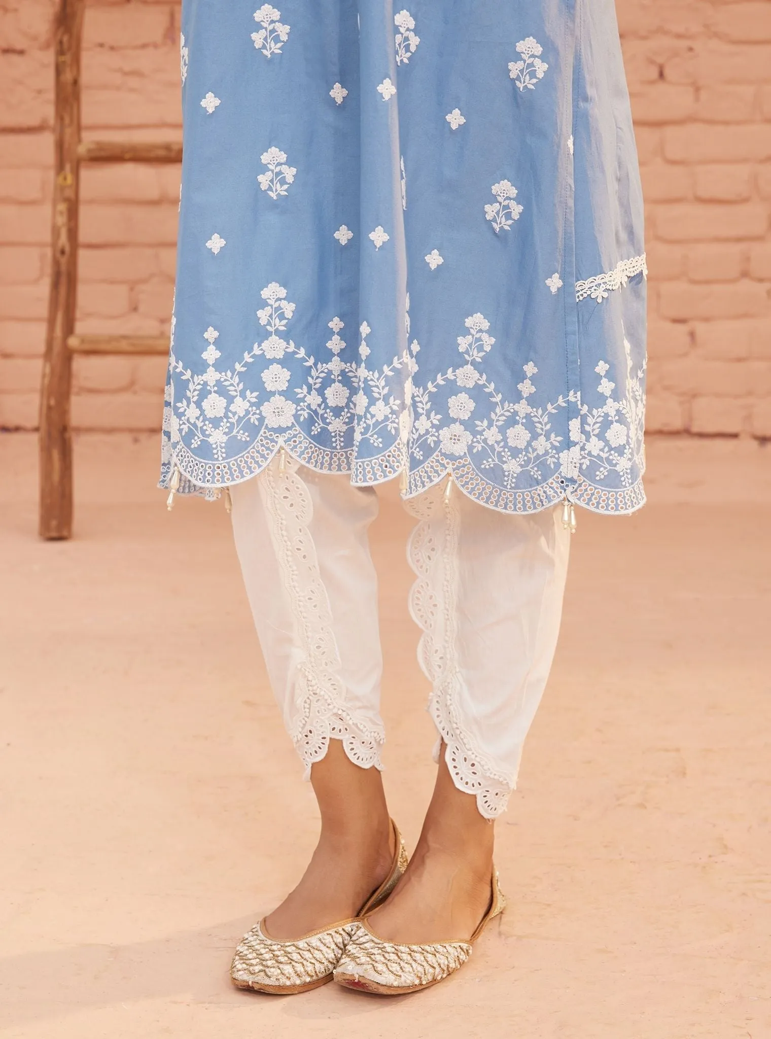 Mulmul Cotton Ghita Denim Kurta With Mulmul Cotton Border White Dhoti Pant