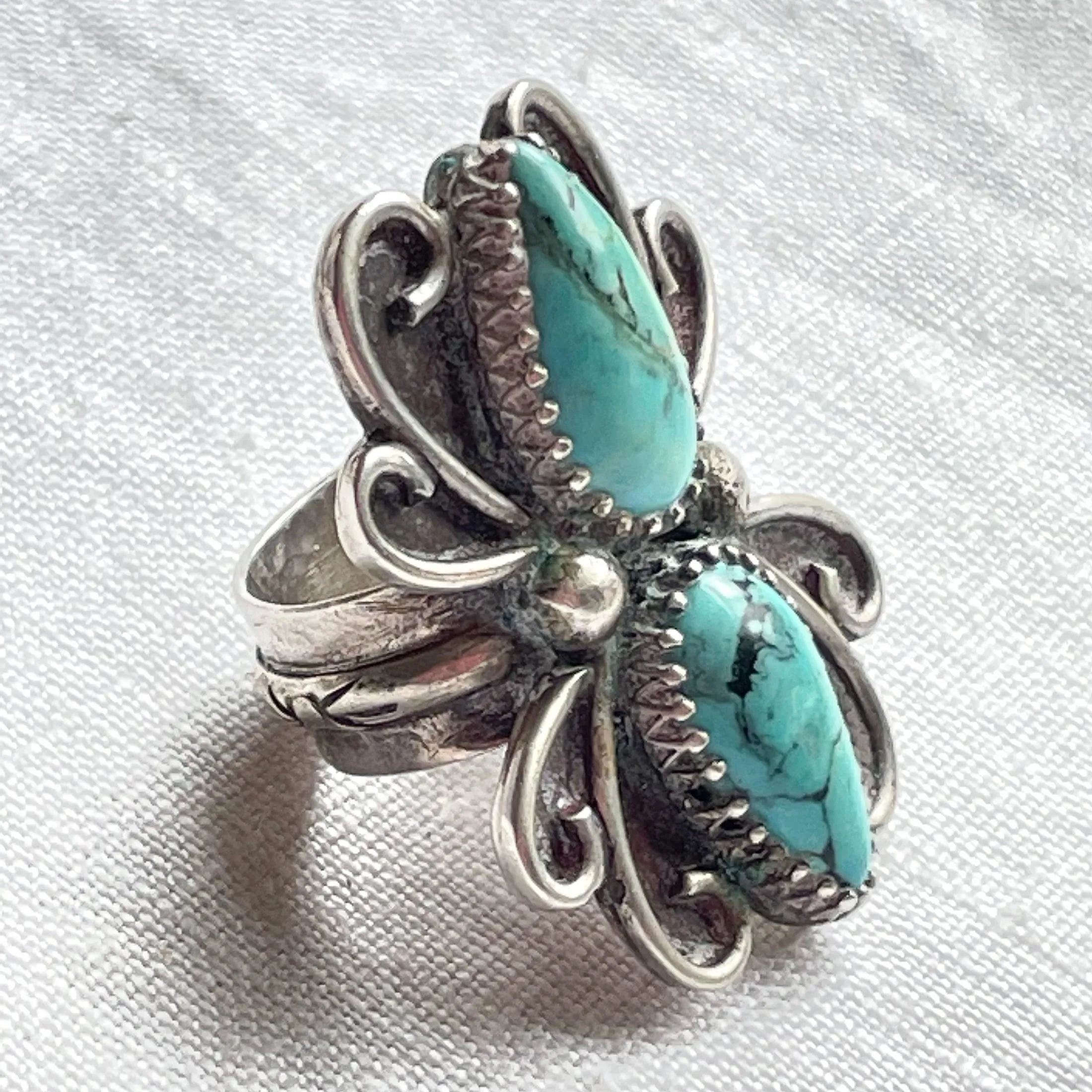 Native American Southwestern Statement Ring, Sterling Teardrop Turquoise Stones