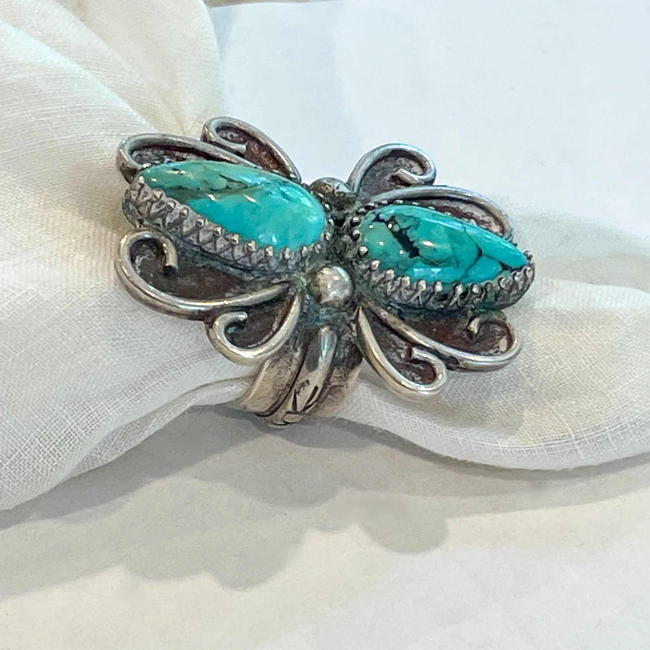 Native American Southwestern Statement Ring, Sterling Teardrop Turquoise Stones