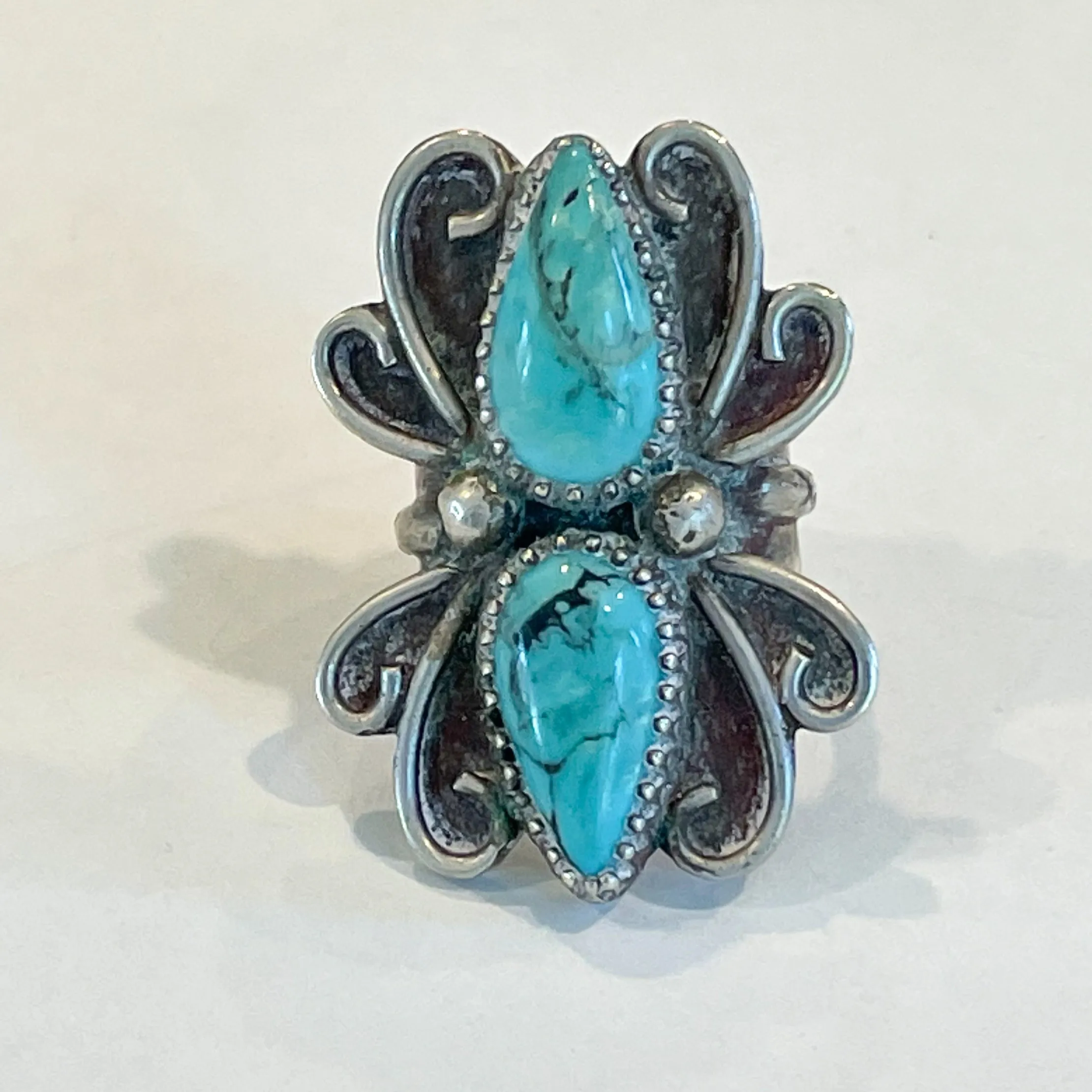 Native American Southwestern Statement Ring, Sterling Teardrop Turquoise Stones