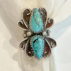 Native American Southwestern Statement Ring, Sterling Teardrop Turquoise Stones