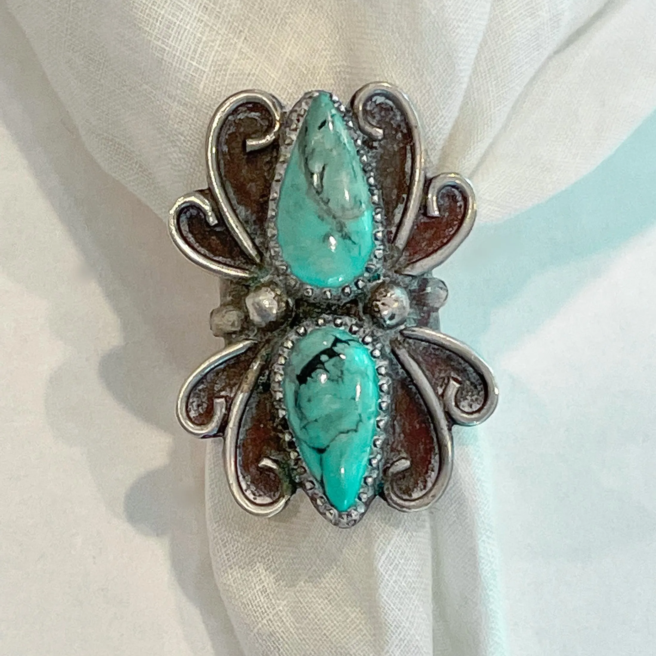 Native American Southwestern Statement Ring, Sterling Teardrop Turquoise Stones