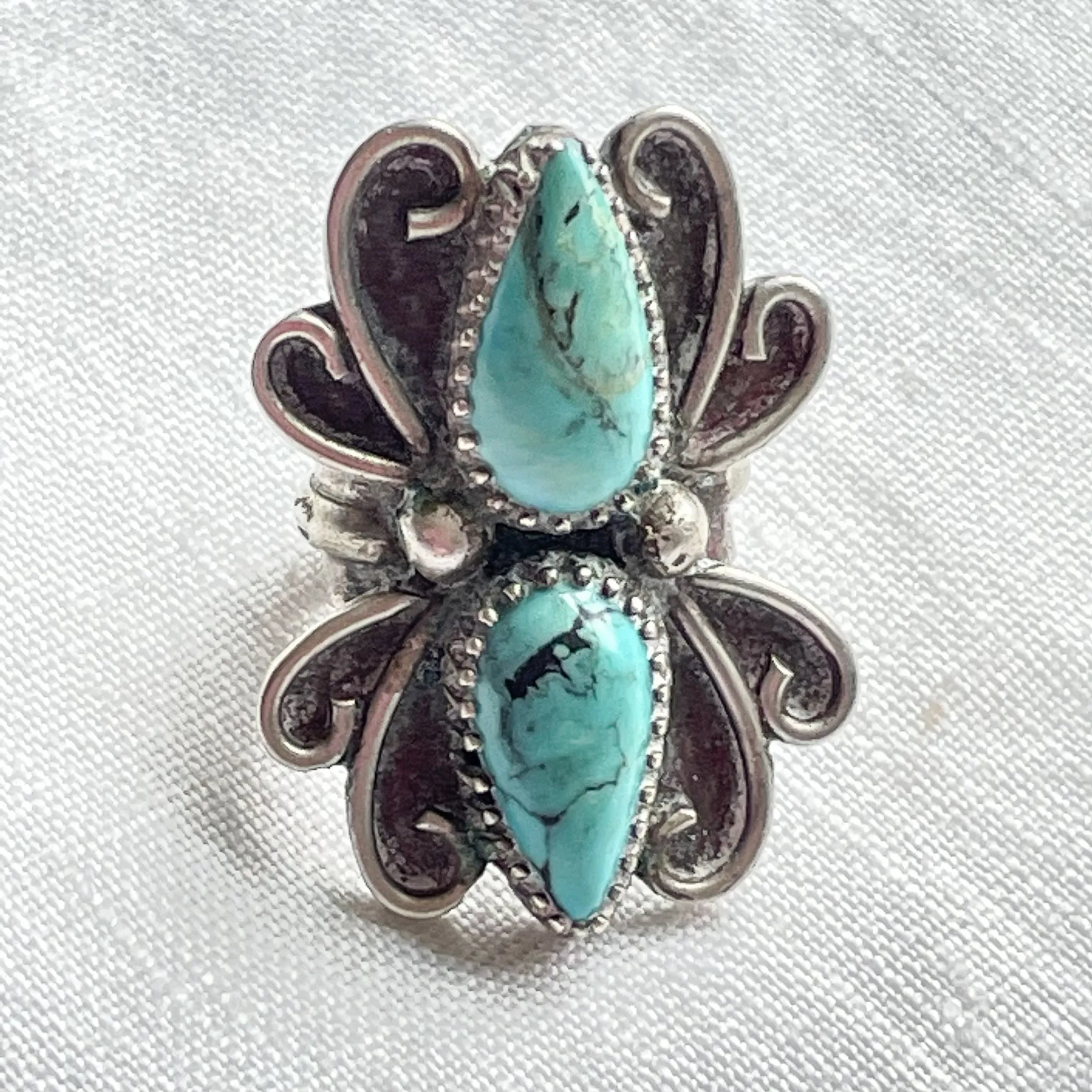 Native American Southwestern Statement Ring, Sterling Teardrop Turquoise Stones