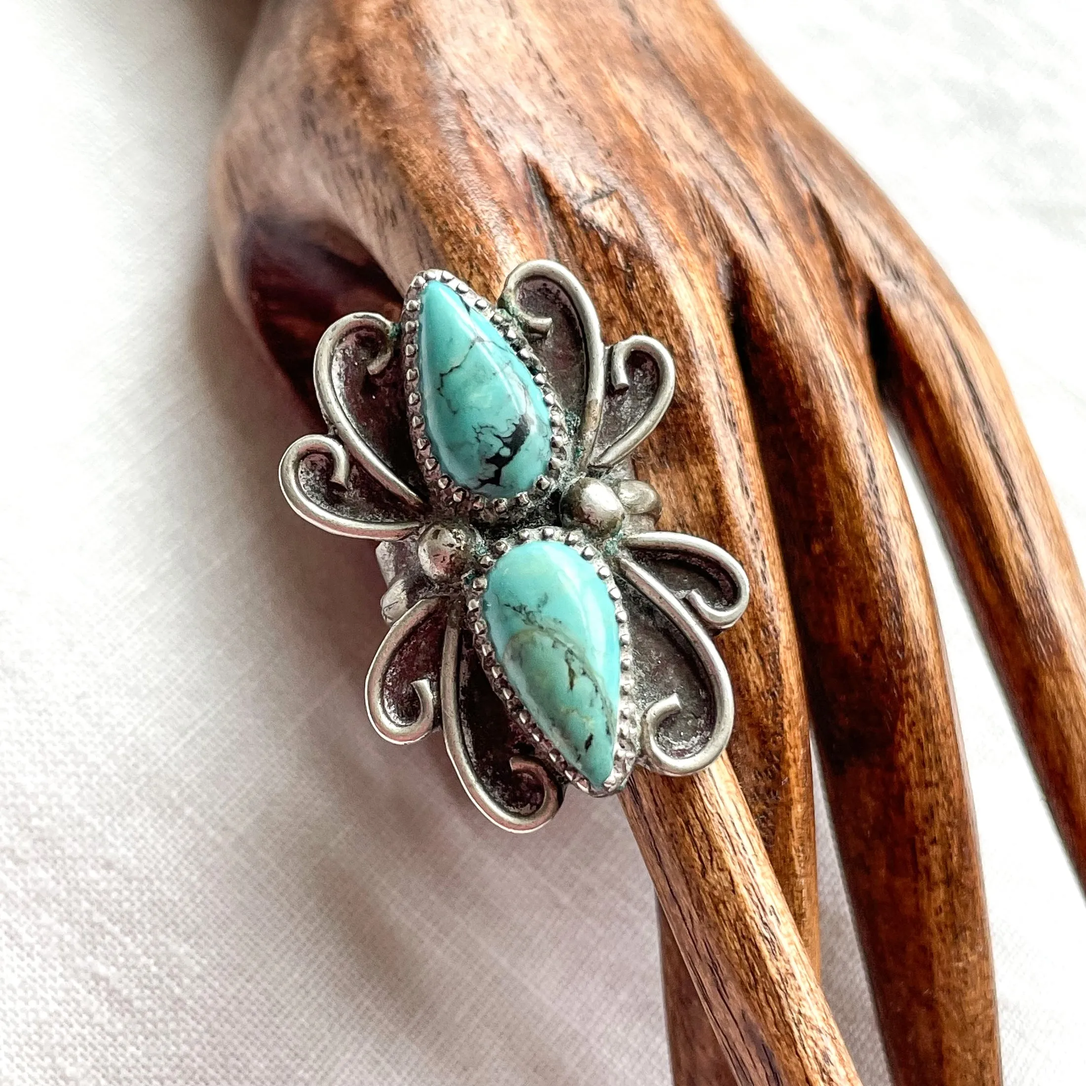 Native American Southwestern Statement Ring, Sterling Teardrop Turquoise Stones