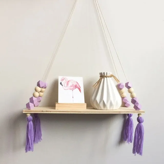 Nordic Style Wooden Bead Tassels Storage Rack Wall Rope Hanging Shelf For Decor Of Bedroom Living Room Kitchen Office New