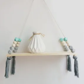 Nordic Style Wooden Bead Tassels Storage Rack Wall Rope Hanging Shelf For Decor Of Bedroom Living Room Kitchen Office New