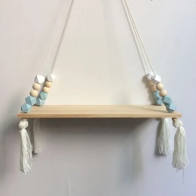 Nordic Style Wooden Bead Tassels Storage Rack Wall Rope Hanging Shelf For Decor Of Bedroom Living Room Kitchen Office New