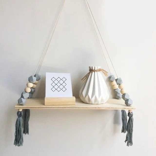 Nordic Style Wooden Bead Tassels Storage Rack Wall Rope Hanging Shelf For Decor Of Bedroom Living Room Kitchen Office New