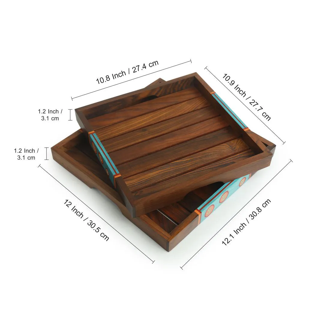 'Oasis Plank Duo' Handpainted Nested Serving Trays In Sheesham Wood (Set of 2)