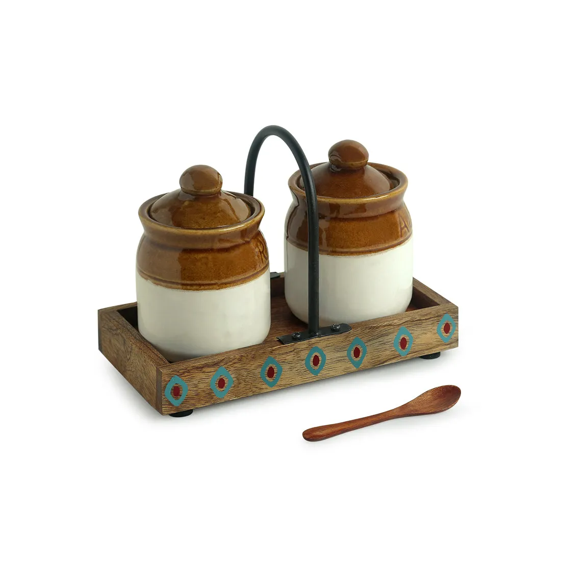 'Old Fashioned Martaban' Ceramic Chutney & Pickle Jar Set With Tray (Set of 2, 225 ML)