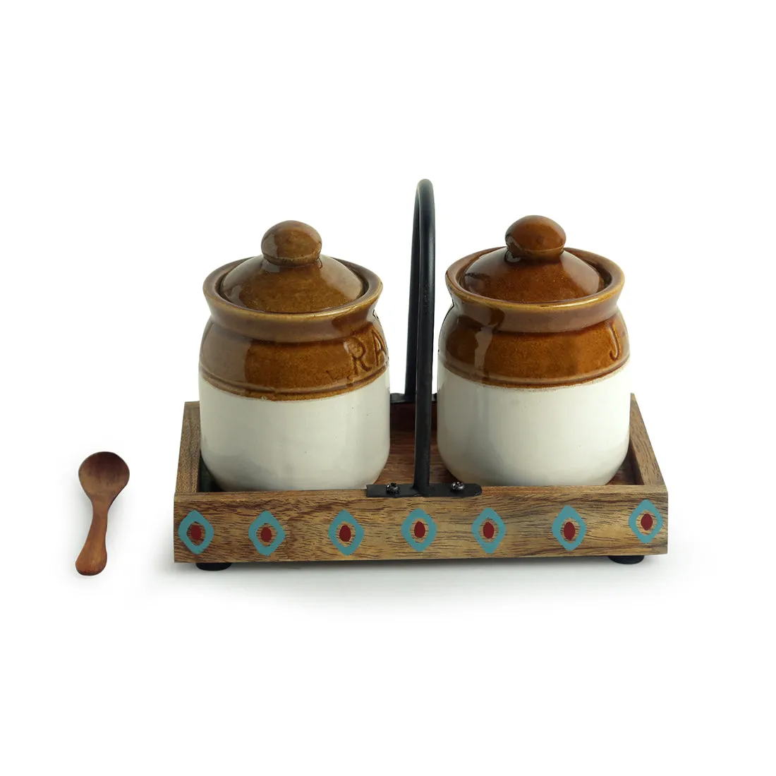 'Old Fashioned Martaban' Ceramic Chutney & Pickle Jar Set With Tray (Set of 2, 225 ML)