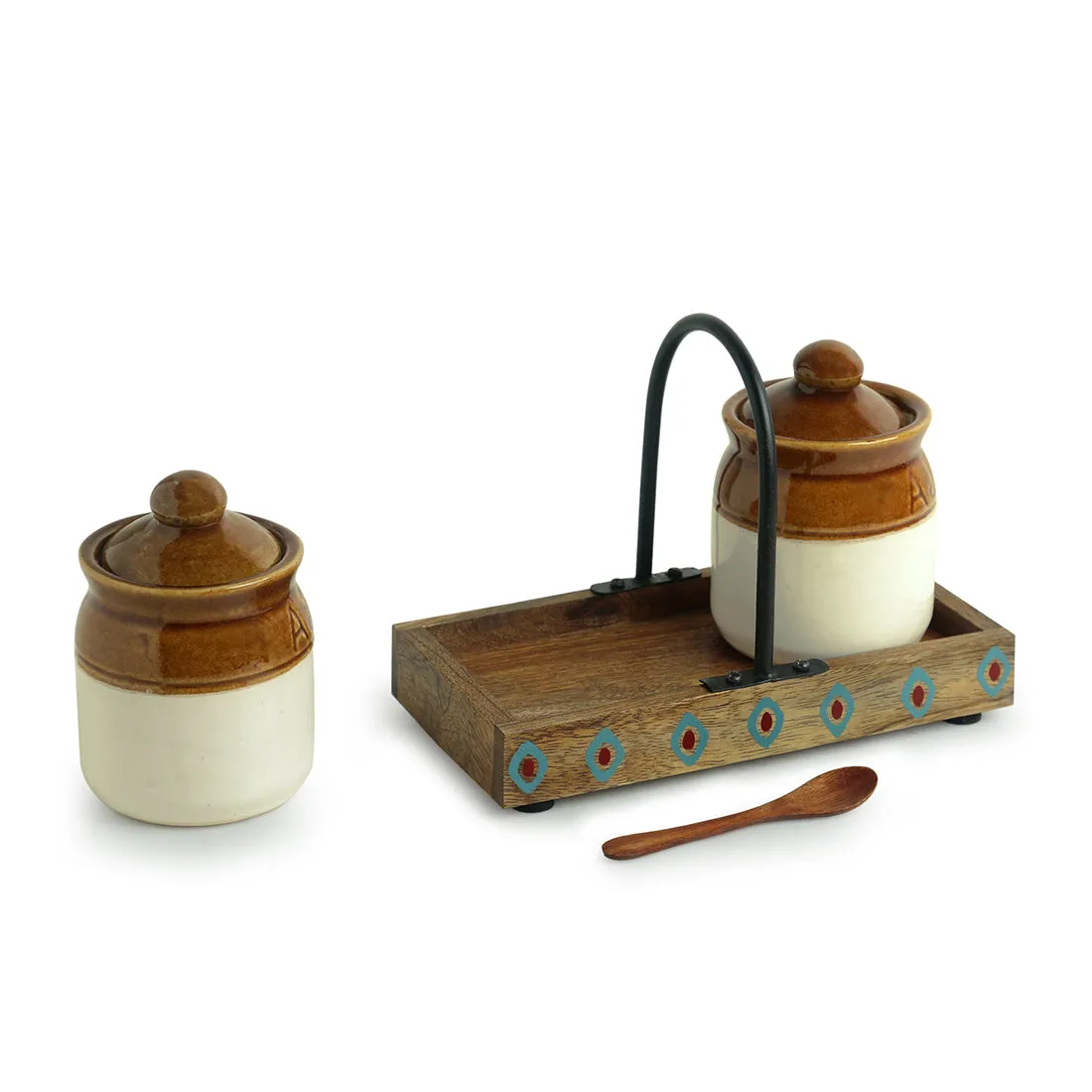 'Old Fashioned Martaban' Ceramic Chutney & Pickle Jar Set With Tray (Set of 2, 225 ML)