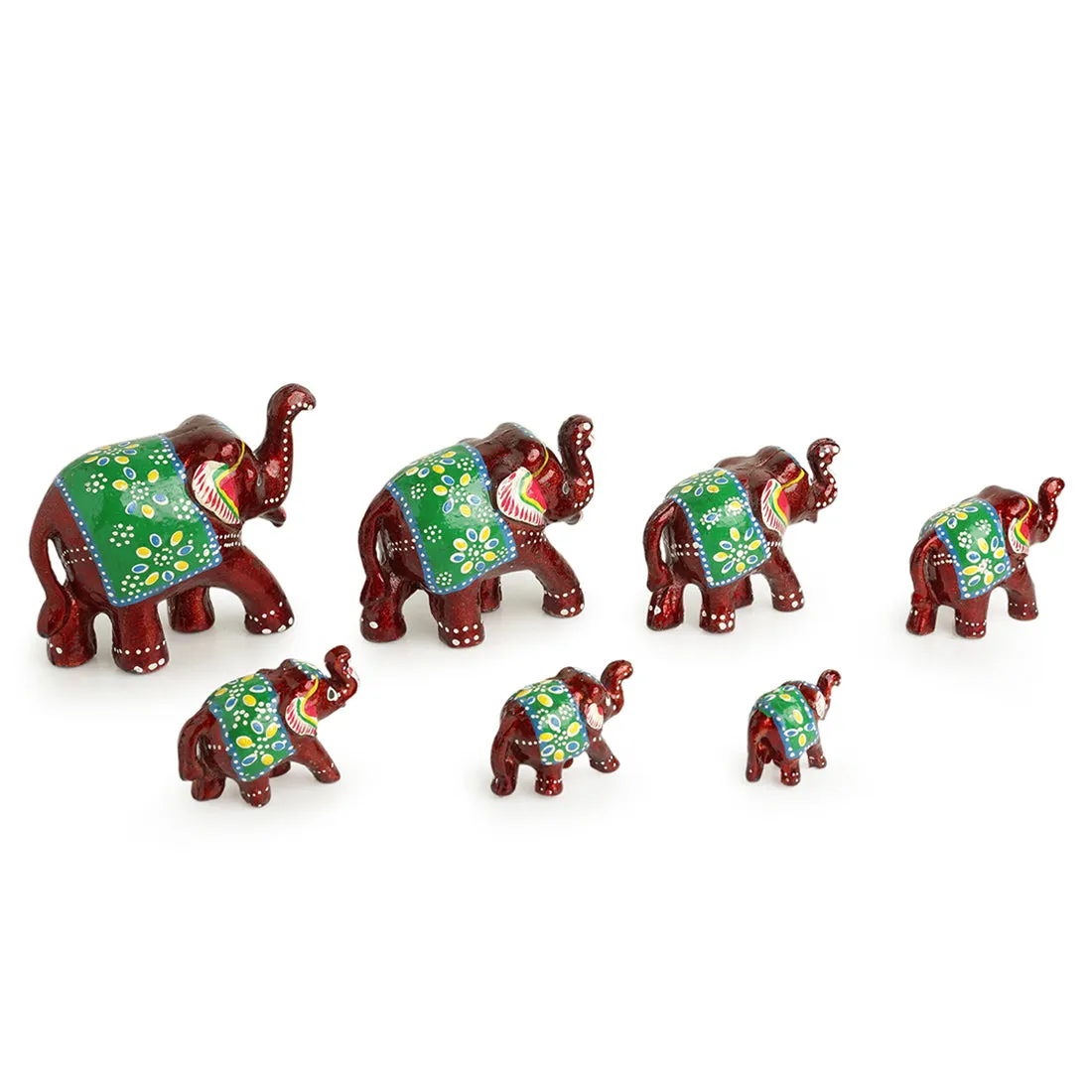 'Seven Tuskers In Maroon' Hand Carved & Handpainted Showpiece In Resin (Set of 7)