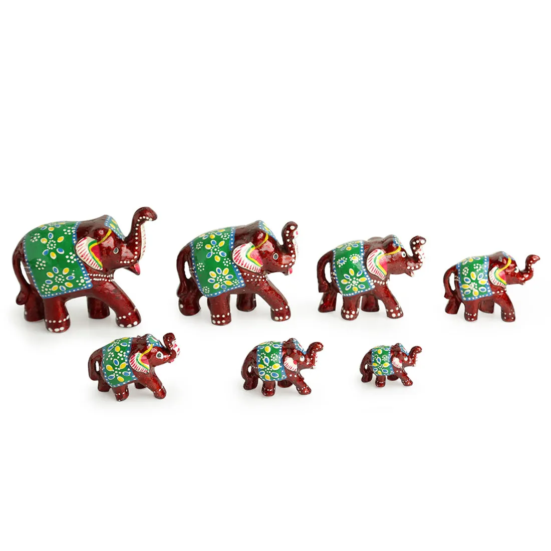 'Seven Tuskers In Maroon' Hand Carved & Handpainted Showpiece In Resin (Set of 7)