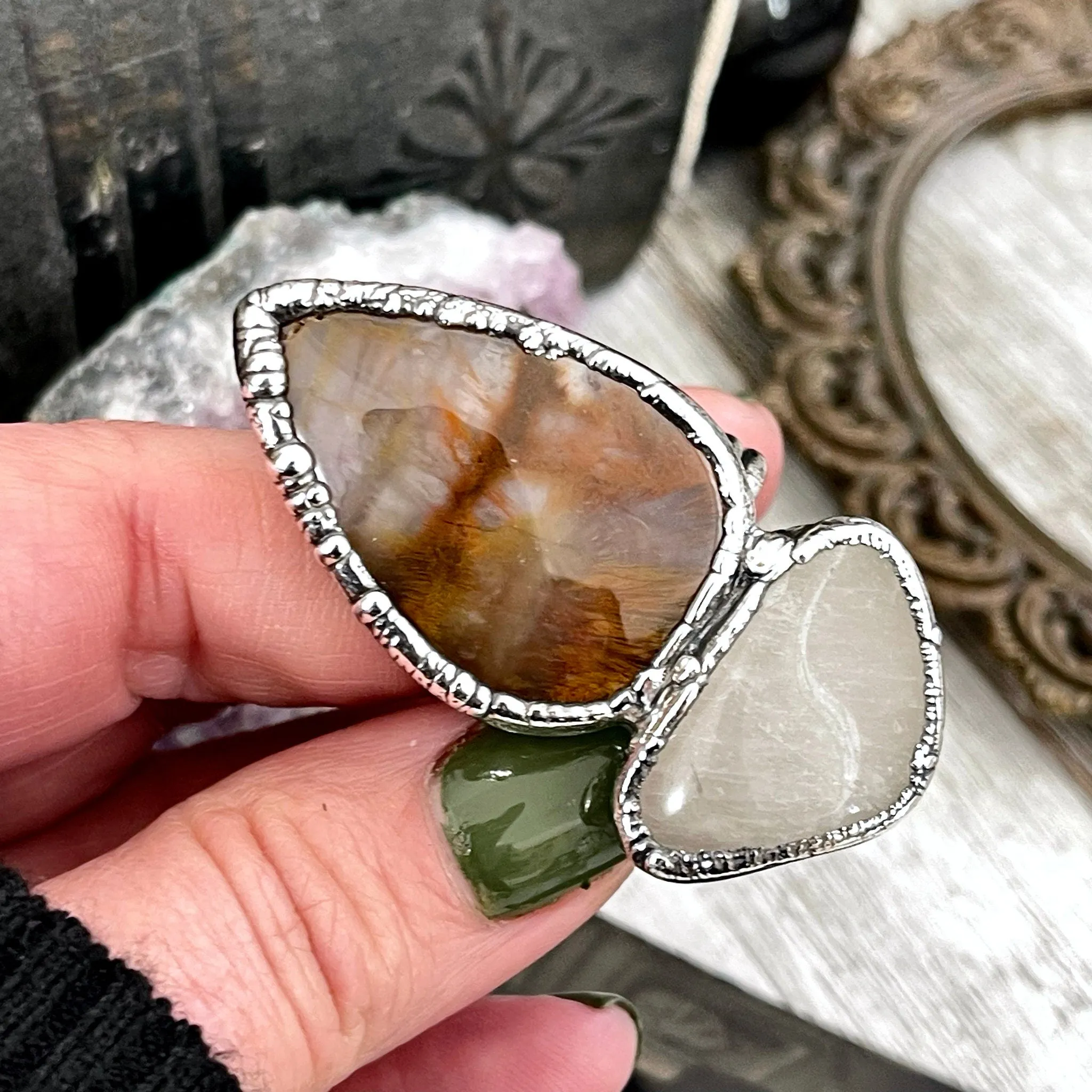 Size 10 Two Stone Ring- Fancy Moss Agate Clear Quartz Crystal Ring Fine Silver / Foxlark Collection - One of a Kind