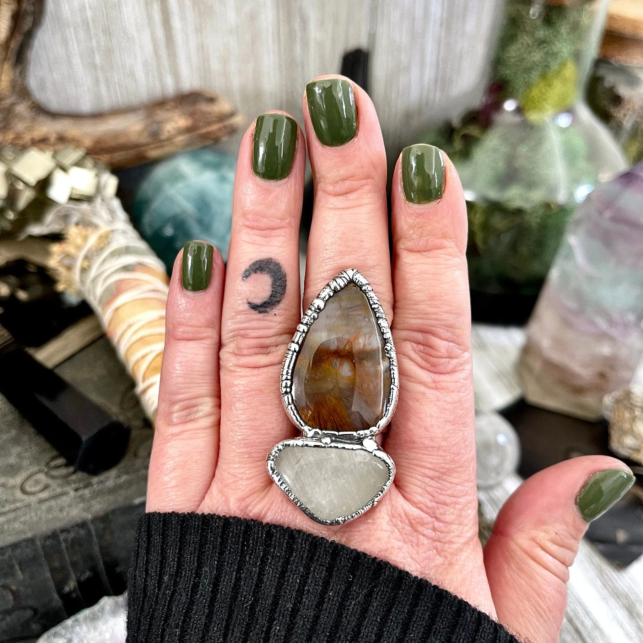 Size 10 Two Stone Ring- Fancy Moss Agate Clear Quartz Crystal Ring Fine Silver / Foxlark Collection - One of a Kind