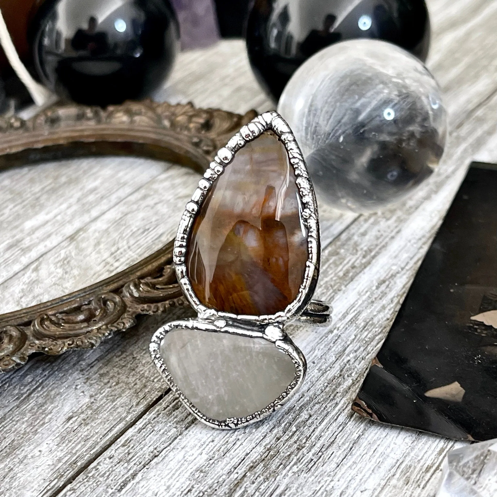 Size 10 Two Stone Ring- Fancy Moss Agate Clear Quartz Crystal Ring Fine Silver / Foxlark Collection - One of a Kind